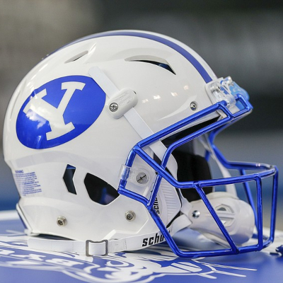 Image of a White BYU football helmet